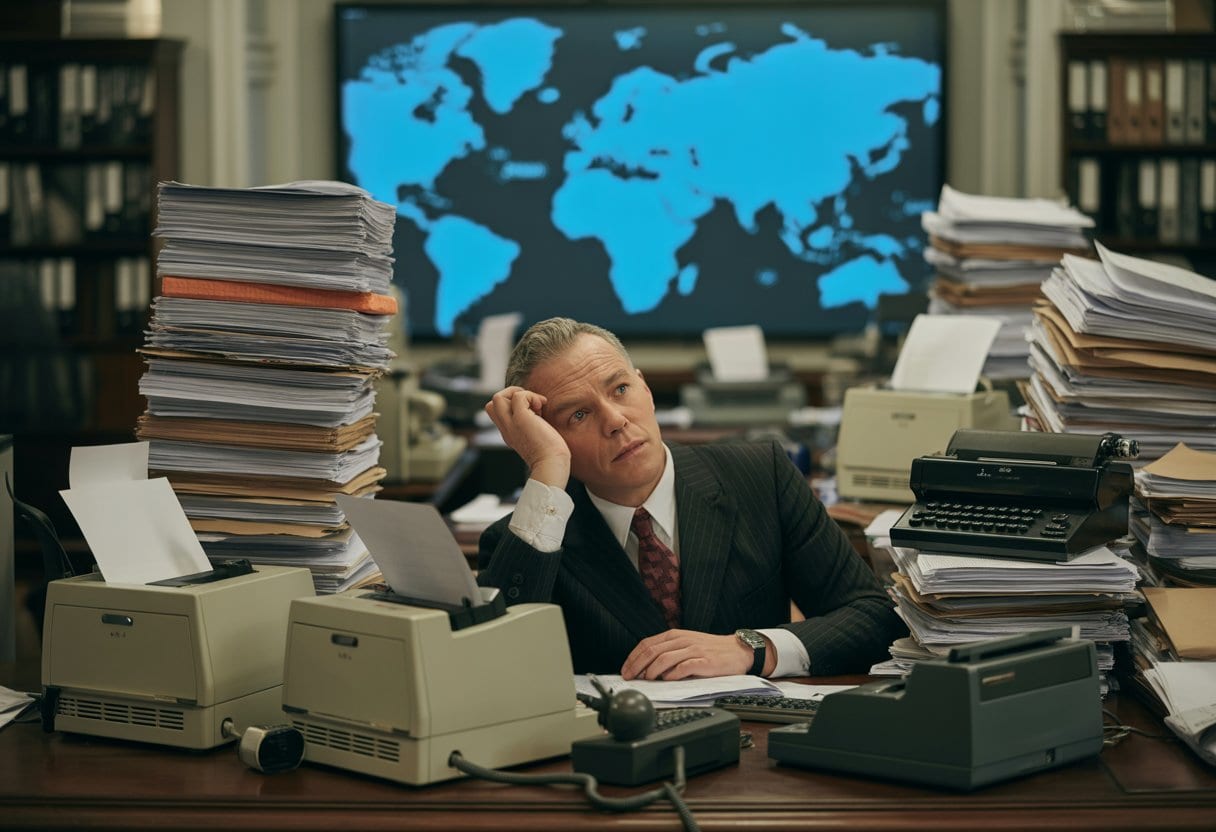 Bürokratie-Wahnsinn: Deutsche Behörden, Faxe und das digitale Europa 2 Ein frustrierter Büroangestellter in einem überfüllten Büro mit Faxgeräten und Papierstapeln, im Hintergrund ein moderner Bildschirm mit einer digitalen Europakarte.