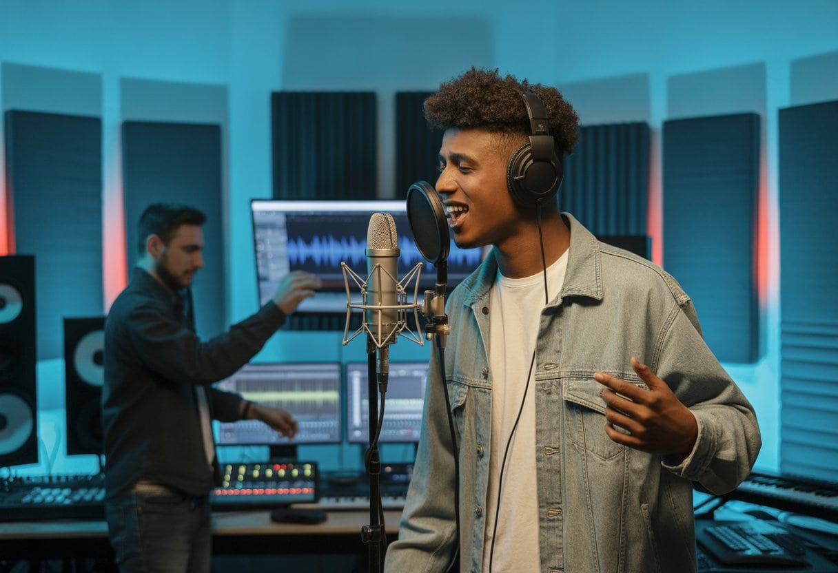 Deutschrap dominiert die Charts – aber wo bleibt die musikalische Qualität? 3 Ein junger Rapper singt in einem Tonstudio vor einem Mikrofon, während ein Tontechniker an Mischpulten arbeitet.