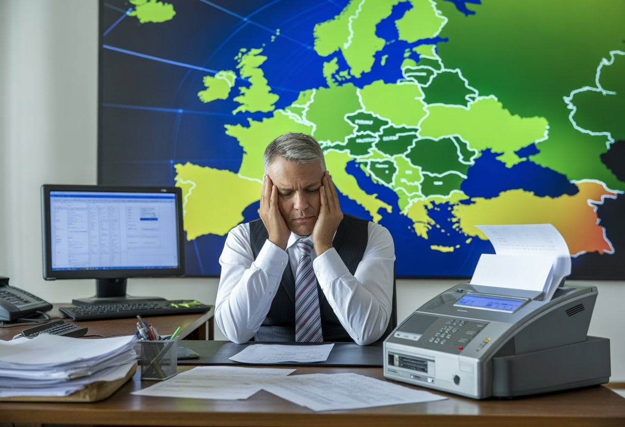 Bürokratie-Wahnsinn: Deutsche Behörden, Faxe und das digitale Europa 3 Ein deutscher Büroangestellter sitzt an einem Schreibtisch mit einem Faxgerät und Papierstapeln, im Hintergrund ist eine digitale Europakarte zu sehen.