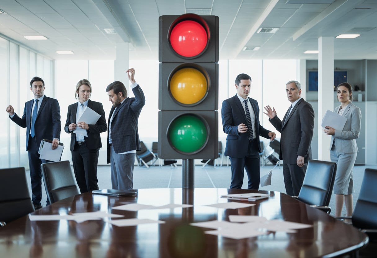 Die Ampel ist aus – aber wer räumt jetzt das Chaos auf? Analyse, Hintergründe und Perspektiven 2 Mehrere Politiker stehen getrennt und wirken besorgt vor einem zerbrochenen Ampelsymbol in einem Büro mit verstreuten Papieren.