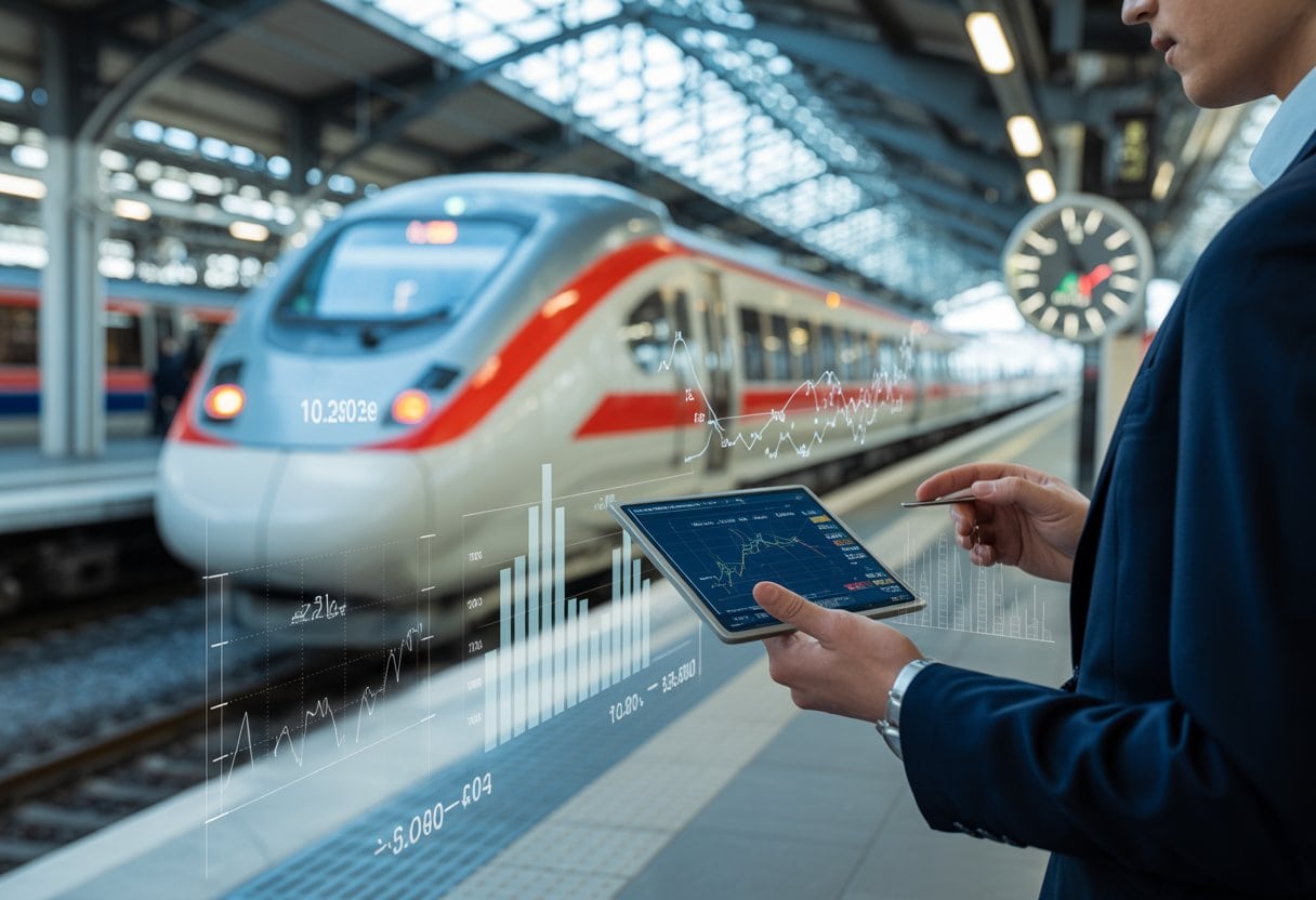 Eine Person in formeller Kleidung betrachtet Daten und Diagramme vor einem modernen Bahnhof mit einem Zug der Deutschen Bahn im Hintergrund.