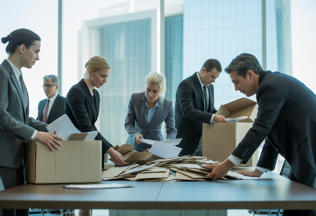 Die Ampel ist aus – aber wer räumt jetzt das Chaos auf? Analyse, Hintergründe und Perspektiven 3 Menschen in einem Büro räumen gemeinsam Papiere und Dokumente von einem Tisch auf.