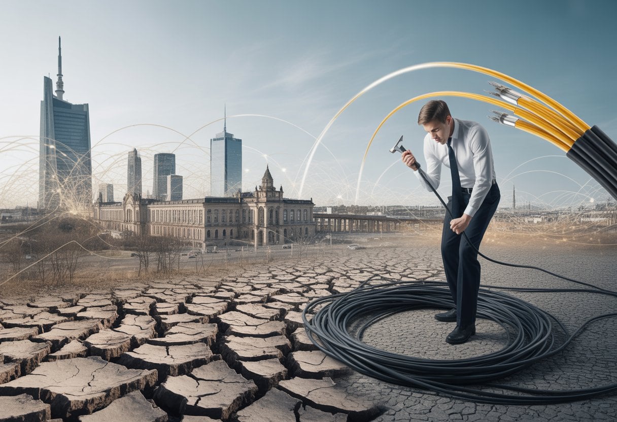 Glasfaser-Wüste Deutschland: Wie das Land der Ingenieure den Internetanschluss verlor 2 Ein Ingenieur untersucht veraltete Glasfaserkabel vor einer deutschen Stadt mit trockenen, wüstenähnlichen Flächen.