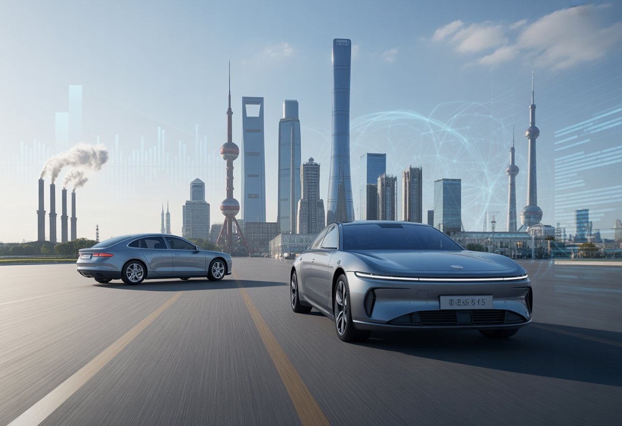 Eine moderne chinesische Stadt mit einem futuristischen chinesischen Auto im Vordergrund und einem deutschen Auto daneben, die den Wettbewerb in der Automobilindustrie symbolisieren.