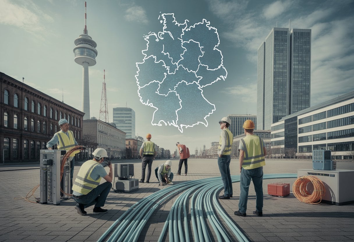 Glasfaser-Wüste Deutschland: Wie das Land der Ingenieure den Internetanschluss verlor 3 Ingenieure und Telekommunikationsarbeiter untersuchen Glasfaserkabel in einer deutschen Stadt mit sichtbaren Lücken in der Internetinfrastruktur.