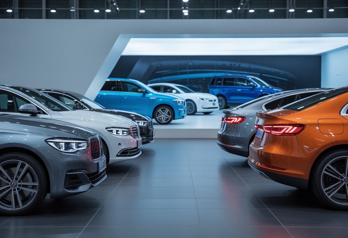 Ein moderner Autosalon mit deutschen und chinesischen Autos, die den Wettbewerb zwischen den Herstellern zeigen.