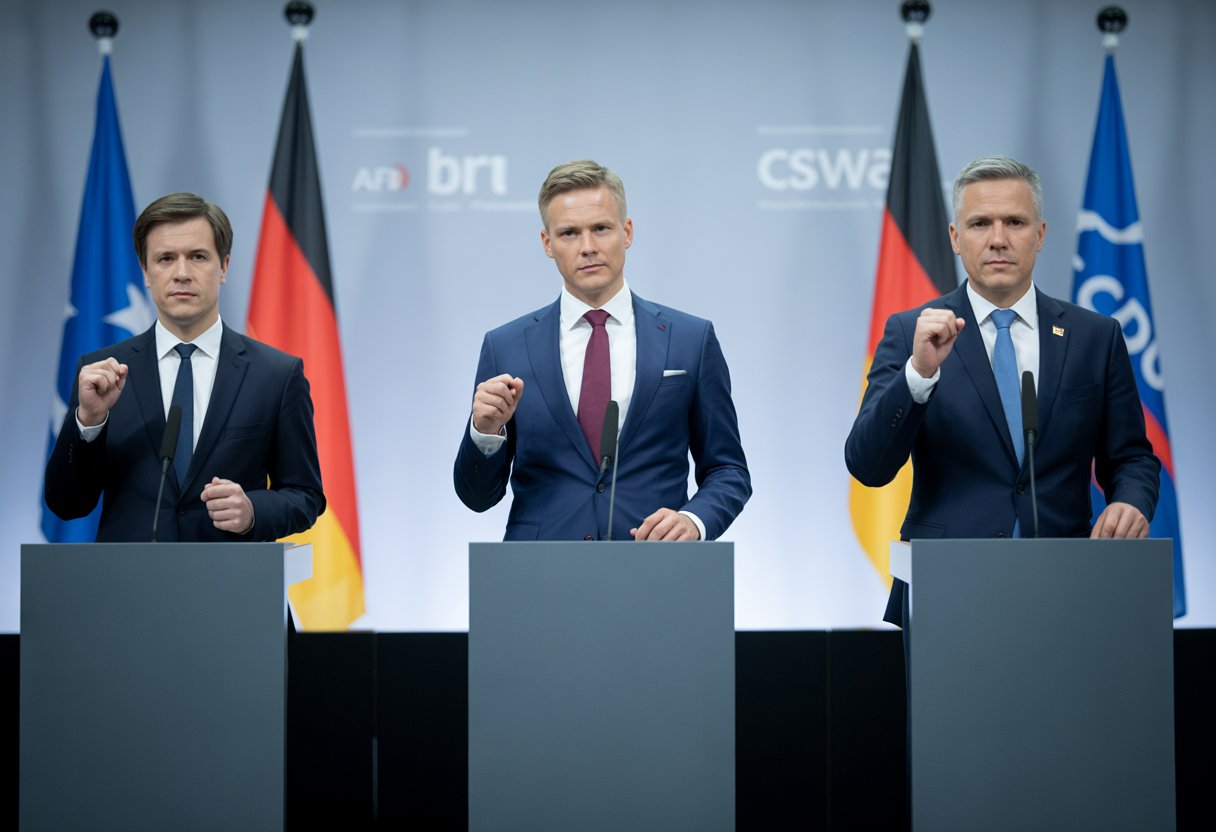 AfD, BSW, CDU: Wer Glaubwürdig Regieren Kann 2 Drei männliche Politiker stehen hinter Rednerpulten in einem Konferenzraum und geben Reden.