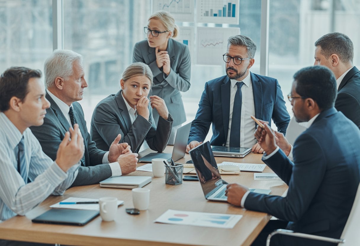 Fachkräftemangel-Lüge: Geht Es Eigentlich Um Billige Arbeit? 3 Eine Gruppe von Geschäftsleuten diskutiert angespannt in einem modernen Büro um einen Konferenztisch.