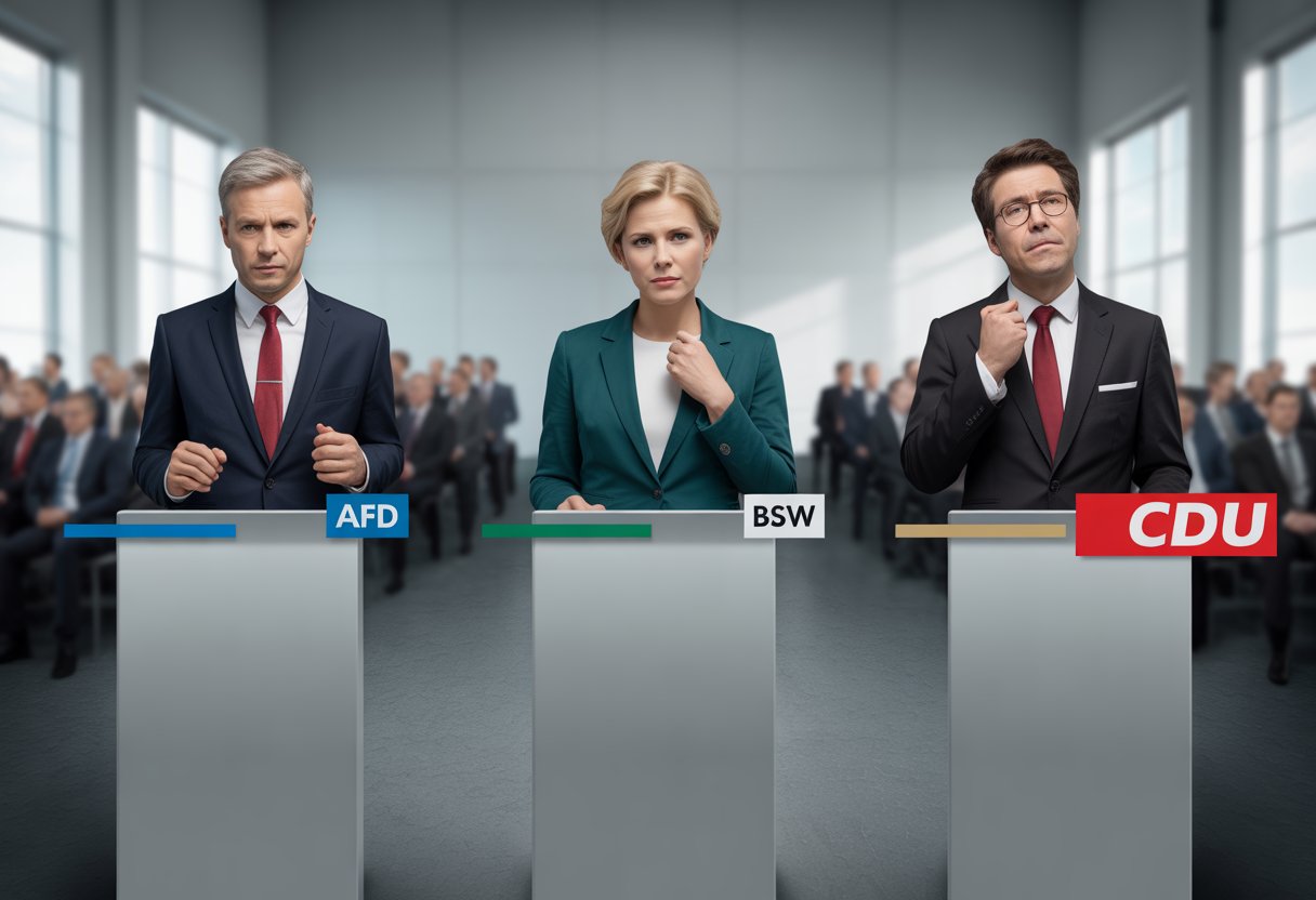AfD, BSW, CDU: Wer Glaubwürdig Regieren Kann 3 Drei Politiker stehen an getrennten Rednerpulten auf einer Bühne, jeder mit unterschiedlichen Farben, die verschiedene Parteien symbolisieren.