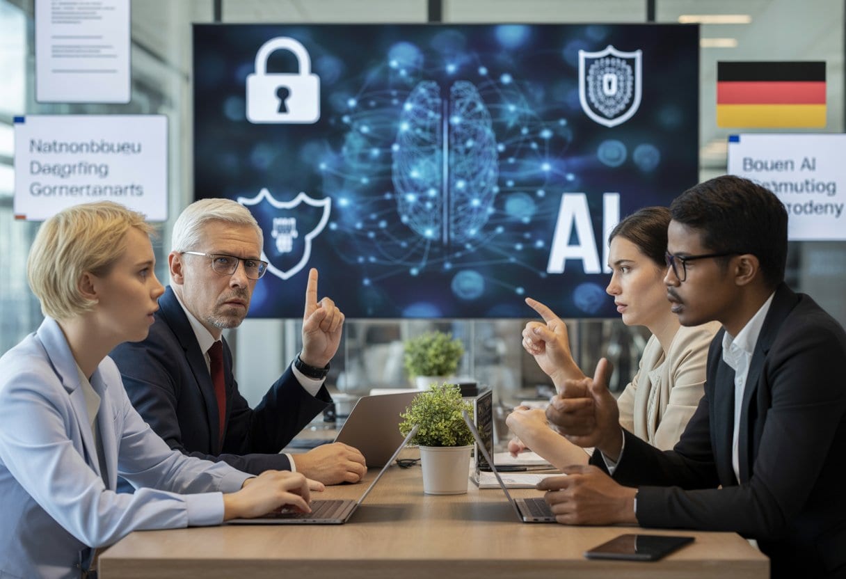 Mehrere Personen diskutieren konzentriert in einem modernen Büro vor einem Bildschirm mit Symbolen für Datenschutz und künstliche Intelligenz.
