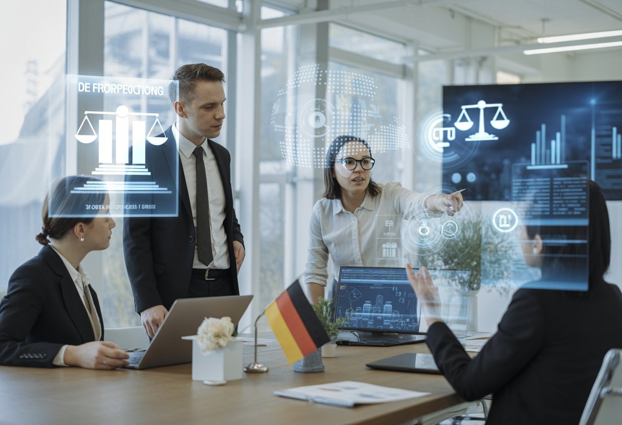 Geschäftsleute diskutieren in einem modernen Besprechungsraum über Datenschutz und Rechtsgrundlagen.