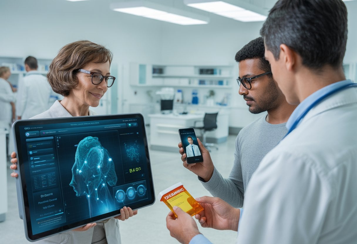 Ozempic, KI-Diagnose, Telemedizin – Was Der Hausarzt Bleibt 2 Patienten nutzen digitale Gesundheitsgeräte und Telemedizin, während ein leerer Arztpraxisraum im Hintergrund zu sehen ist.