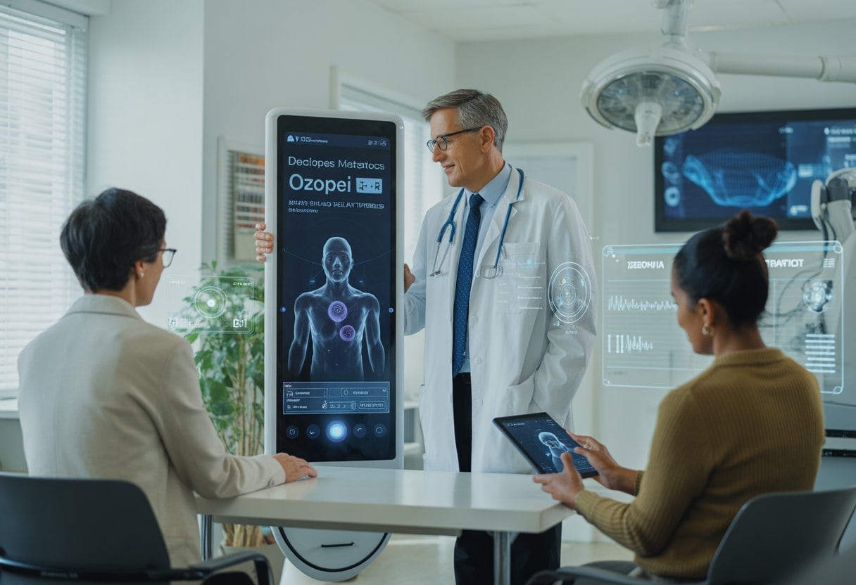 Ozempic, KI-Diagnose, Telemedizin – Was Der Hausarzt Bleibt 3 Ein moderner Behandlungsraum mit Patienten, die Telemedizin und KI-Diagnosegeräte nutzen, während kein Arzt anwesend ist.
