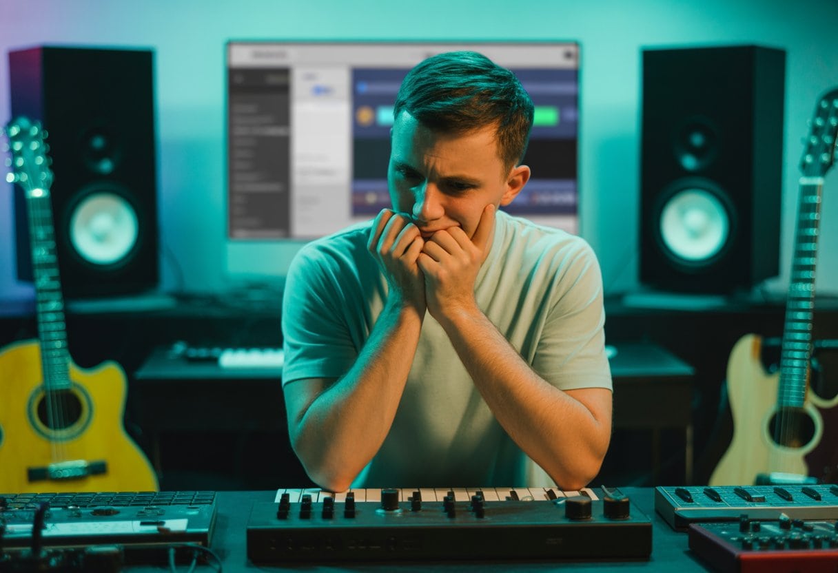 Ein Musiker sitzt nachdenklich und frustriert in einem Tonstudio vor einem Mischpult, umgeben von Musikinstrumenten und einem Bildschirm mit einer Musikplattform.