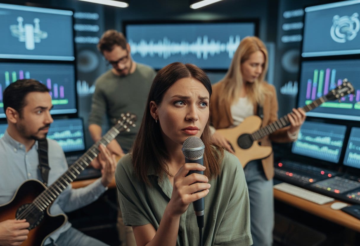 Mehrere Musiker arbeiten in einem Aufnahmestudio, umgeben von Technik und Bildschirmen mit Audio- und Finanzdaten.