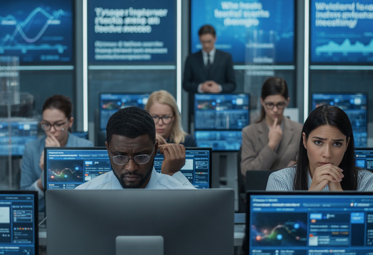 Journalisten arbeiten in einem modernen Nachrichtenbüro, einige sehen besorgt aus, während sie Nachrichten und Daten auf Bildschirmen analysieren.