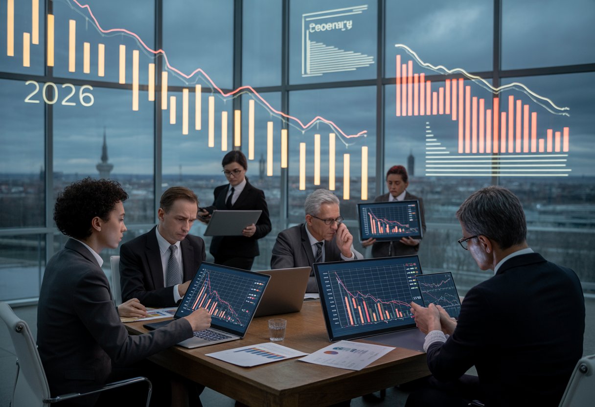 Geschäftsleute in einem Büro, die besorgt Finanzdiagramme mit fallenden Kurven betrachten, mit Blick auf eine deutsche Stadt im Hintergrund.