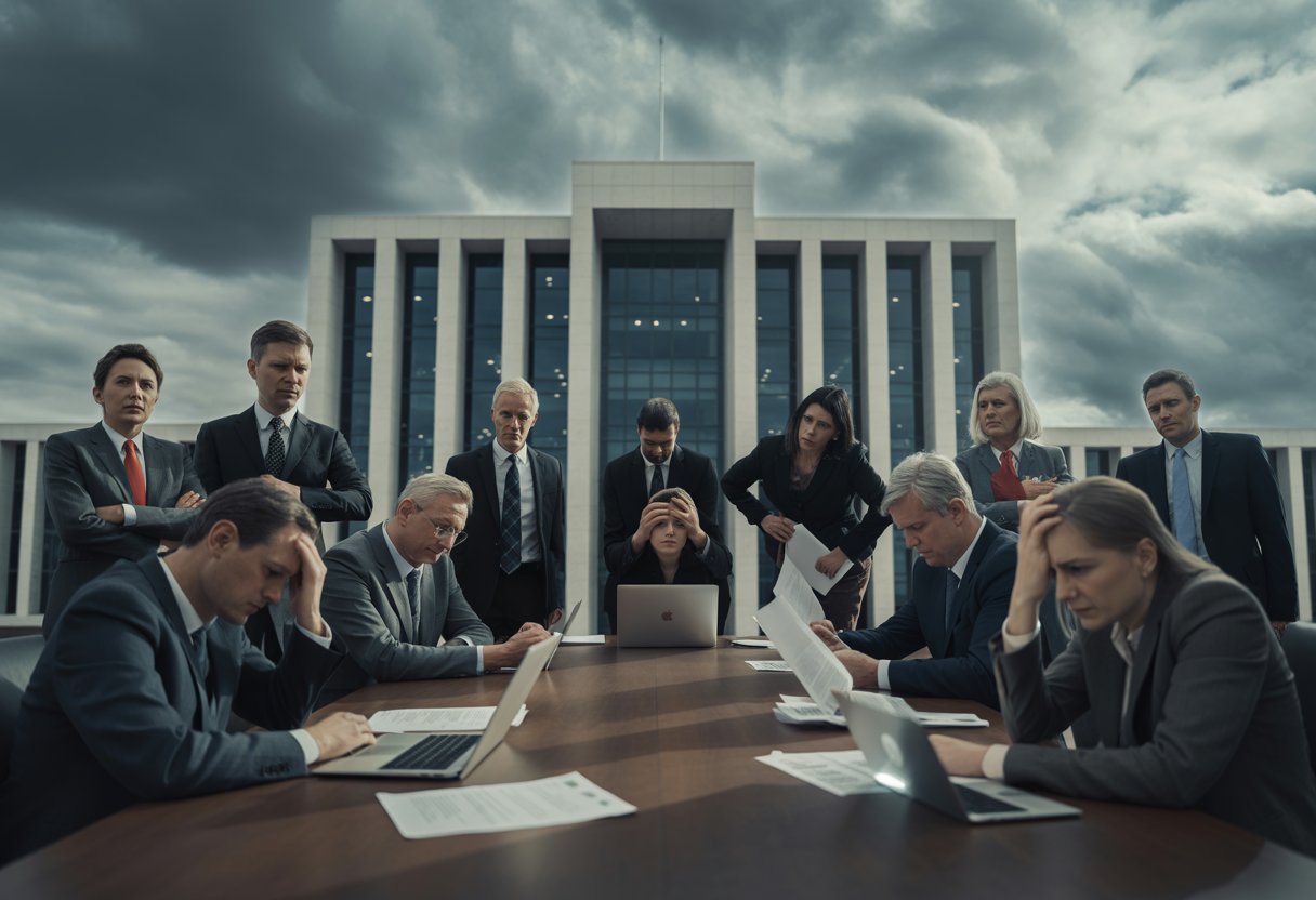 Eine Gruppe von Politikern sitzt ernst und besorgt an einem Konferenztisch vor einem Regierungsgebäude unter dunklen Wolken.