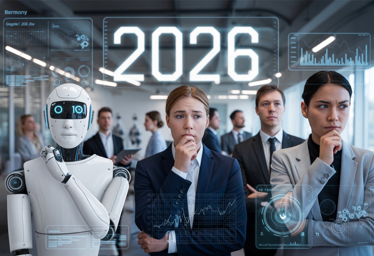 Menschen in einem modernen Büro mit futuristischer Technologie, die besorgt auf digitale Anzeigen blicken, die das Jahr 2026 zeigen.