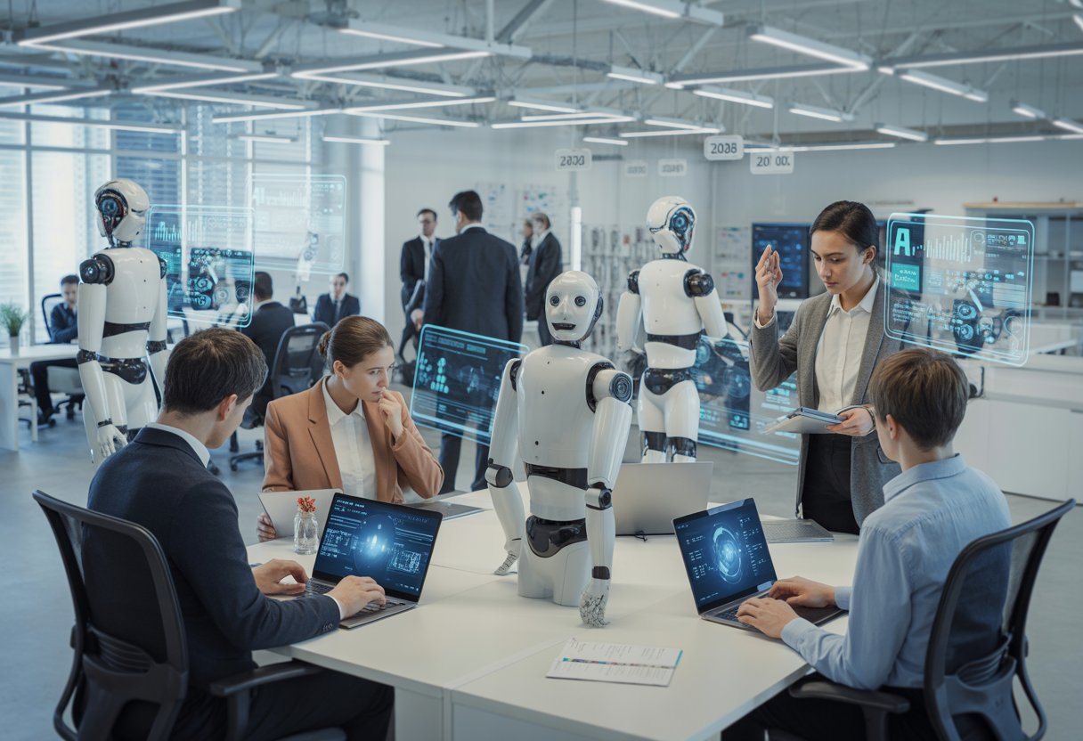 Ein modernes Büro mit Menschen und Robotern, die zusammenarbeiten, um den Wandel der Arbeitswelt durch KI in Deutschland darzustellen.