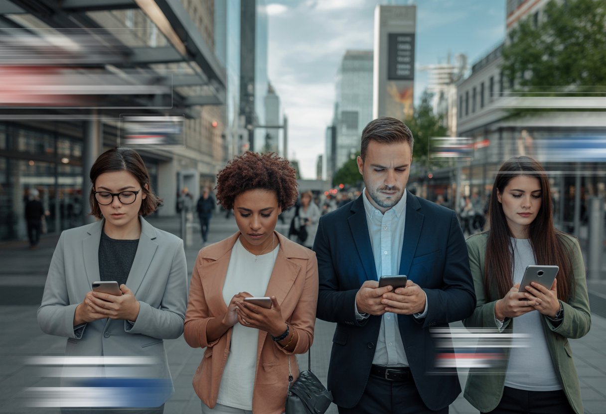 Menschen in einer deutschen Stadt im Jahr 2026, die digitale Geräte benutzen und nachdenklich wirken.