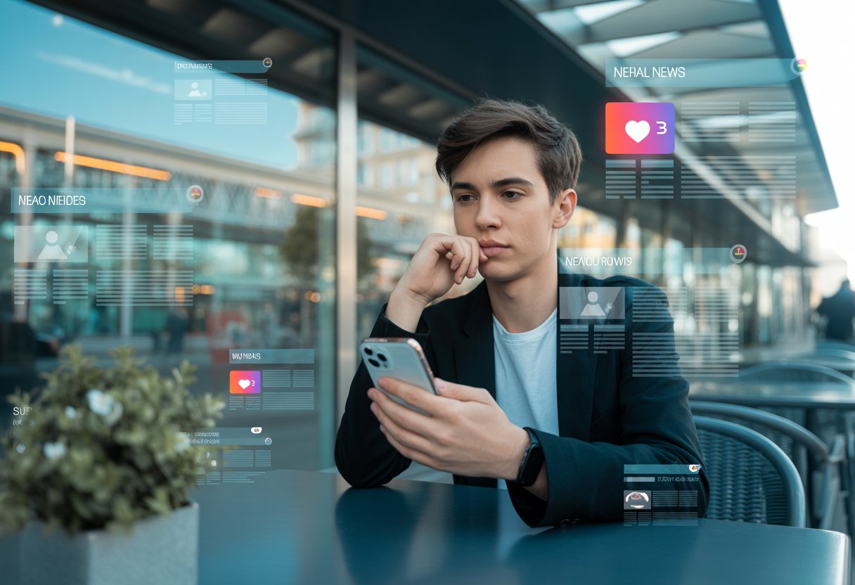 Eine junge Person sitzt an einem Straßencafé und schaut nachdenklich auf ihr Smartphone mit verschwommenen Social-Media-Inhalten im Hintergrund.