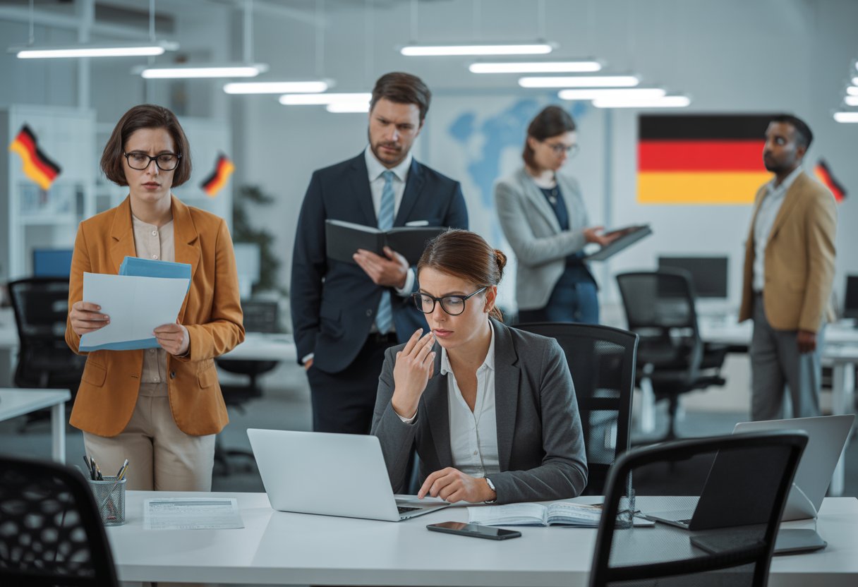 Ein modernes Büro mit gestressten Mitarbeitern und leeren Schreibtischen, die den Fachkräftemangel in Deutschland 2026 darstellen.