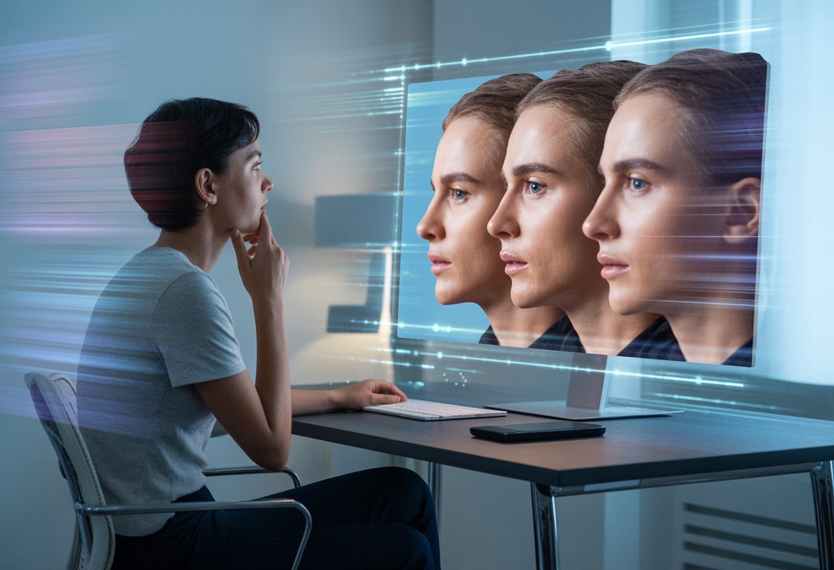 Eine Person sitzt an einem Schreibtisch vor einem Computerbildschirm, auf dem sich mehrere Gesichter überlagern und verschwimmen.