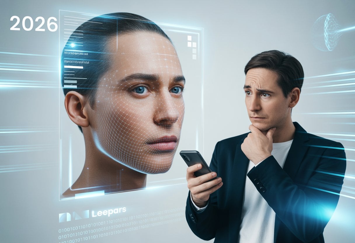 Eine Person betrachtet auf einem Smartphone ein digitales Bild, das mit holografischen Elementen bearbeitet wird, um die Schwierigkeit zu zeigen, echte und gefälschte Gesichter zu unterscheiden.