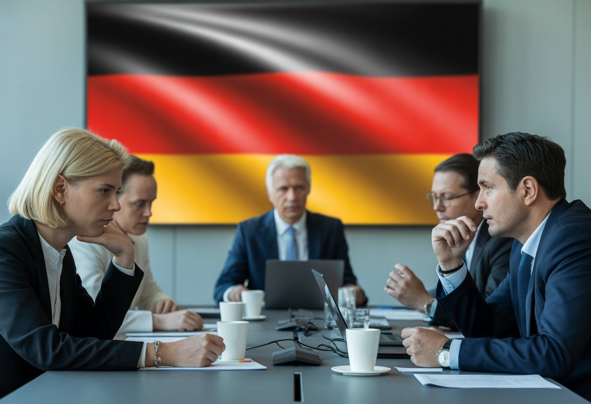 Koalitionskrise 2026: Wie Das Vertrauen Erodiert 1 Politiker sitzen an einem Konferenztisch und diskutieren ernsthaft in einem modernen Besprechungsraum.
