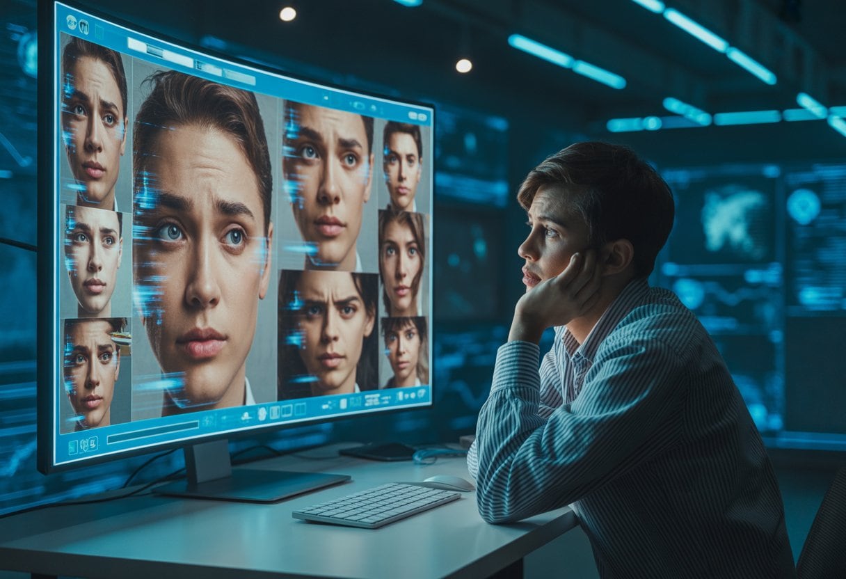 Eine junge Person sitzt an einem Schreibtisch und schaut verwirrt auf einen Computerbildschirm mit verfälschten Gesichtern und digitalen Störungen.