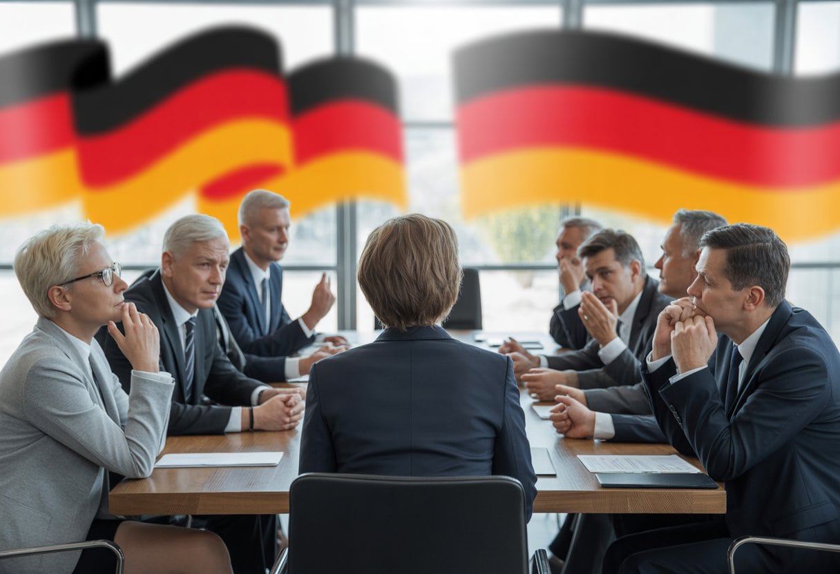 Koalitionskrise 2026: Wie Das Vertrauen Erodiert 2 Eine Gruppe von Menschen in formeller Kleidung sitzt angespannt an einem Konferenztisch in einem modernen Besprechungsraum.
