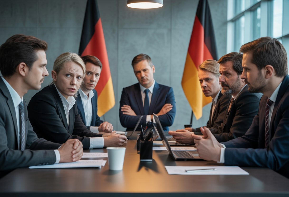 Koalitionskrise 2026: Wie Das Vertrauen Erodiert 3 Politikerinnen und Politiker in einem Besprechungsraum diskutieren angespannt an einem Konferenztisch.