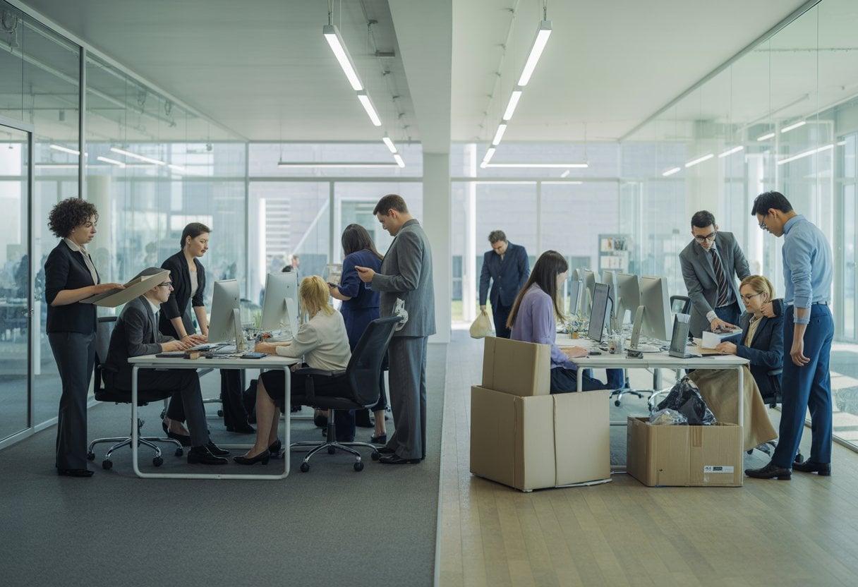 Ein modernes Büro mit einer Gruppe von Mitarbeitern, die zusammenarbeiten, und einer anderen Gruppe, die ihre Schreibtische räumt.
