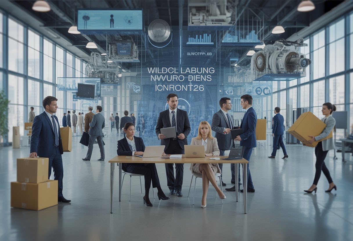 Ein modernes Büro mit Mitarbeitern, die arbeiten, während andere persönliche Gegenstände tragen, was gleichzeitig Einstellung und Entlassung zeigt.