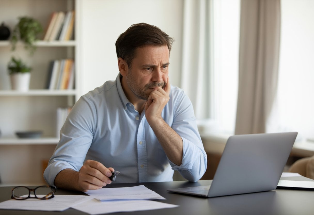 GKV-Reform 2026: Diese Änderungen Zählen Ab Juli 3 Ein nachdenklicher Mann sitzt an einem Schreibtisch und schaut auf einen Laptop, umgeben von Dokumenten und einem Bücherregal.