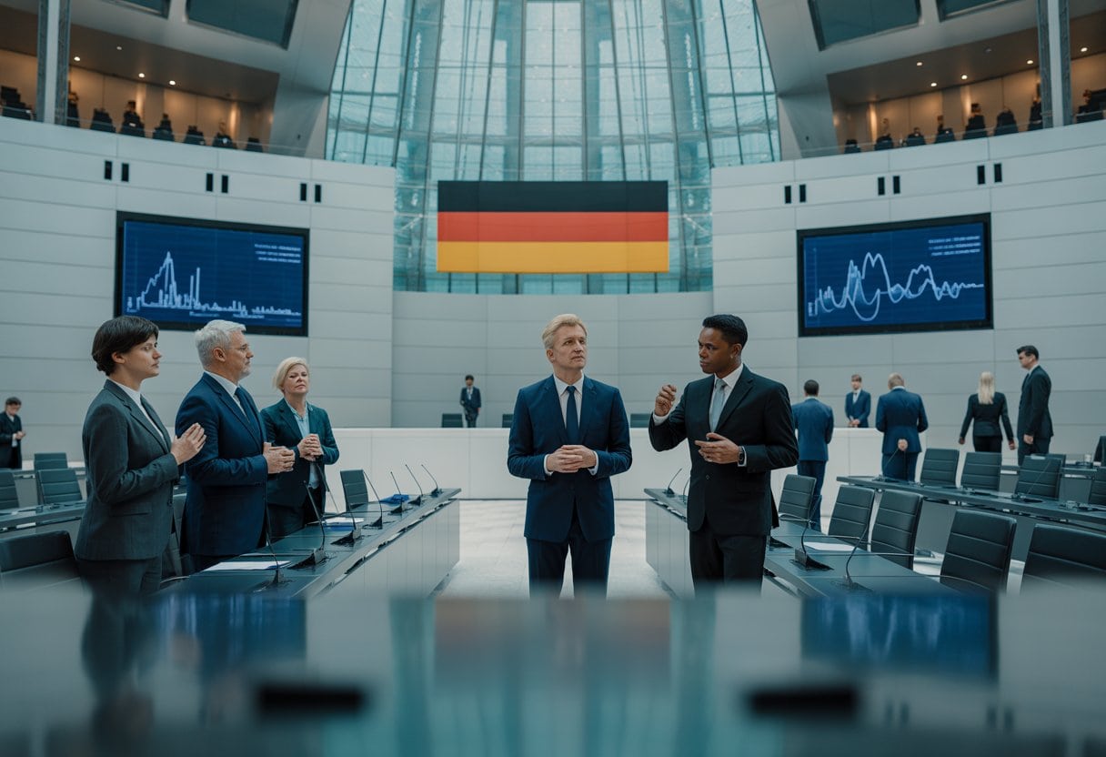 Politiker diskutieren in einem modernen Parlamentssaal mit deutscher Flagge im Hintergrund.