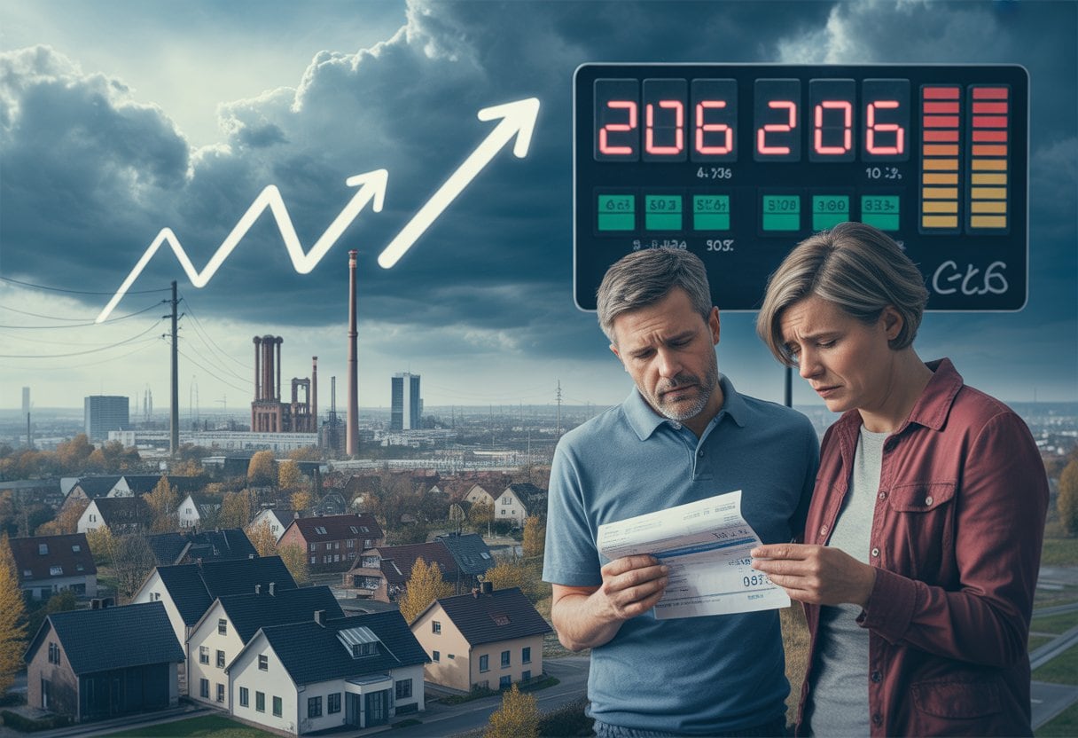 Eine besorgte Familie betrachtet eine Stromrechnung vor einer deutschen Stadt mit Wohnhäusern und Industrieanlagen unter bewölktem Himmel.