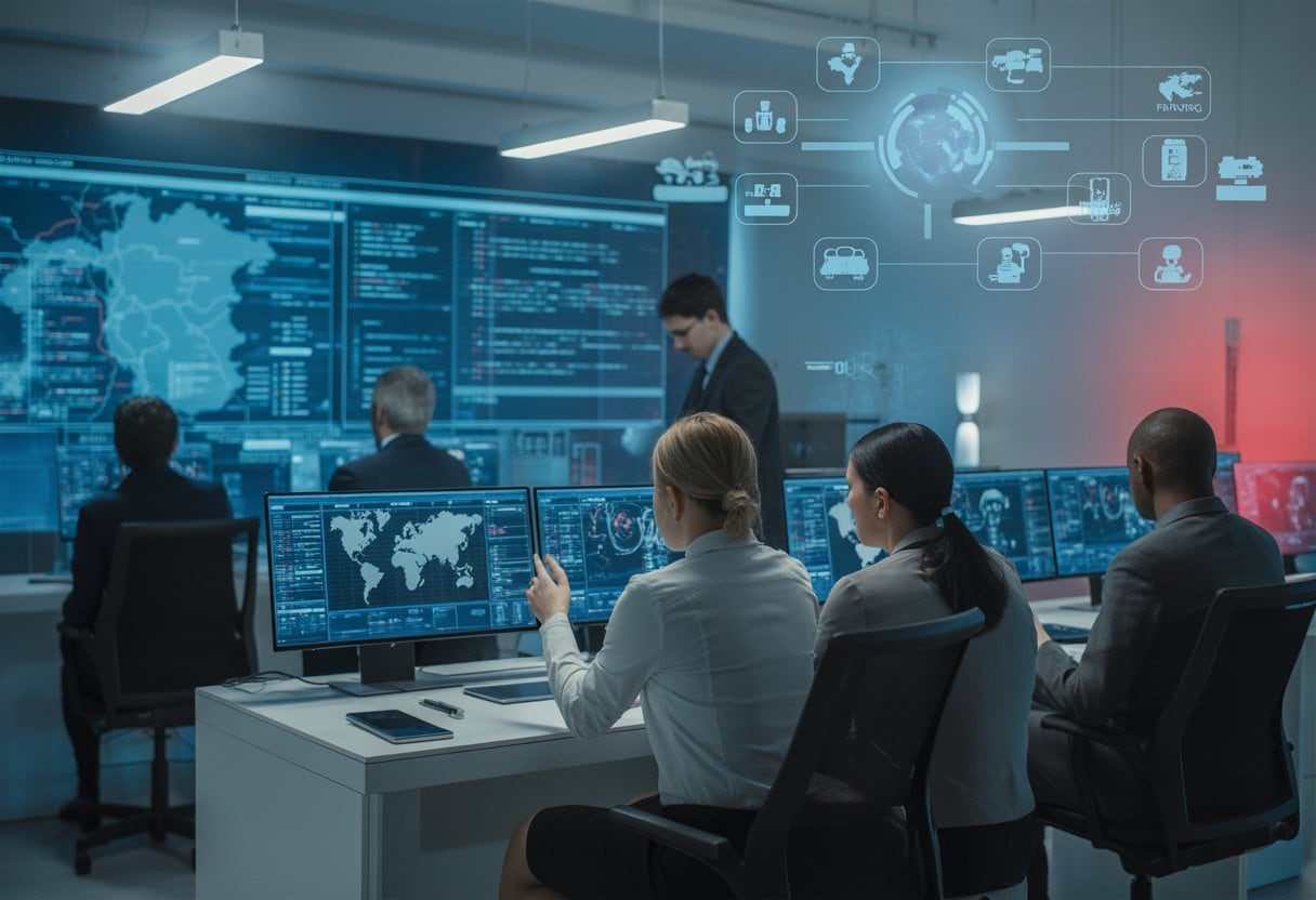 Cybersecurity-Experten analysieren digitale Daten und Cyberangriffe in einem modernen Kontrollraum mit Bildschirmen und holografischen Symbolen verschiedener Branchen.