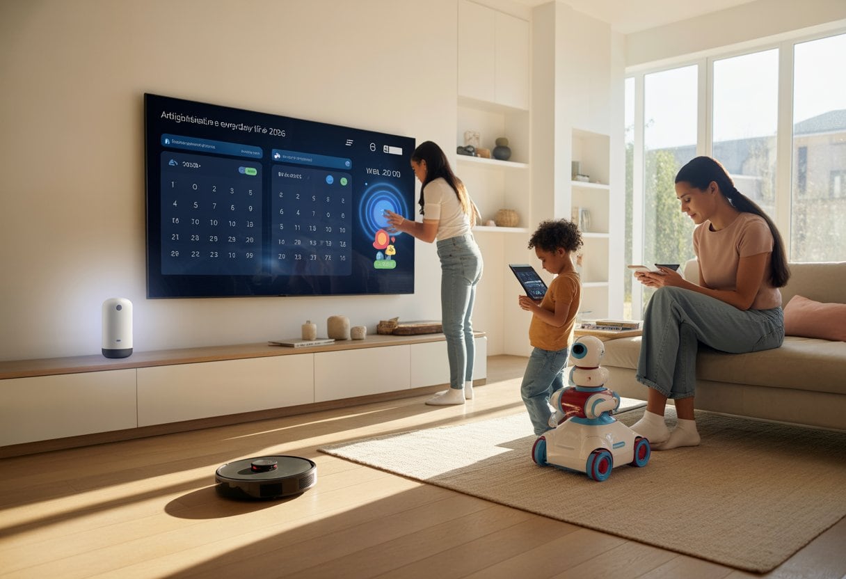 Eine Familie in einem modernen Wohnzimmer nutzt verschiedene KI-Geräte wie einen smarten Lautsprecher, einen Roboterstaubsauger und einen digitalen Assistenten auf einem Bildschirm.