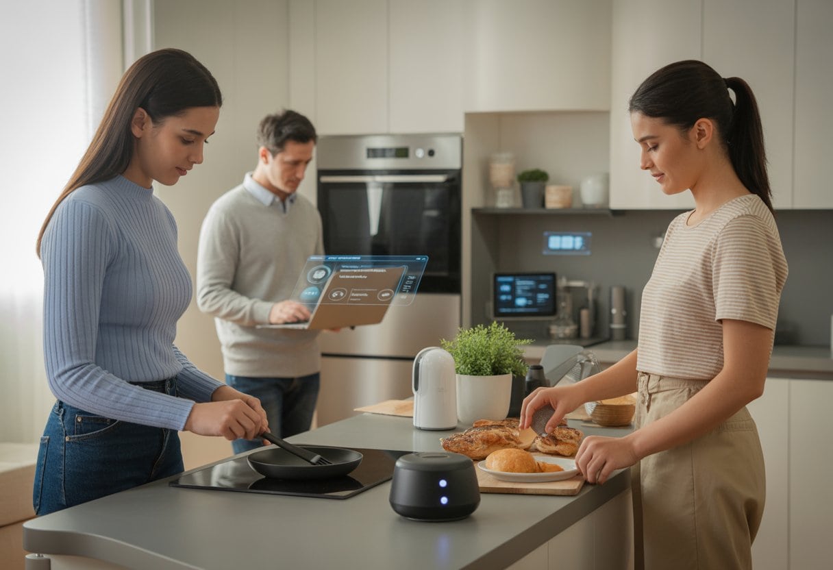 Menschen in einem modernen Zuhause nutzen unauffällig verschiedene smarte Geräte und Technologien, die ihren Alltag erleichtern.