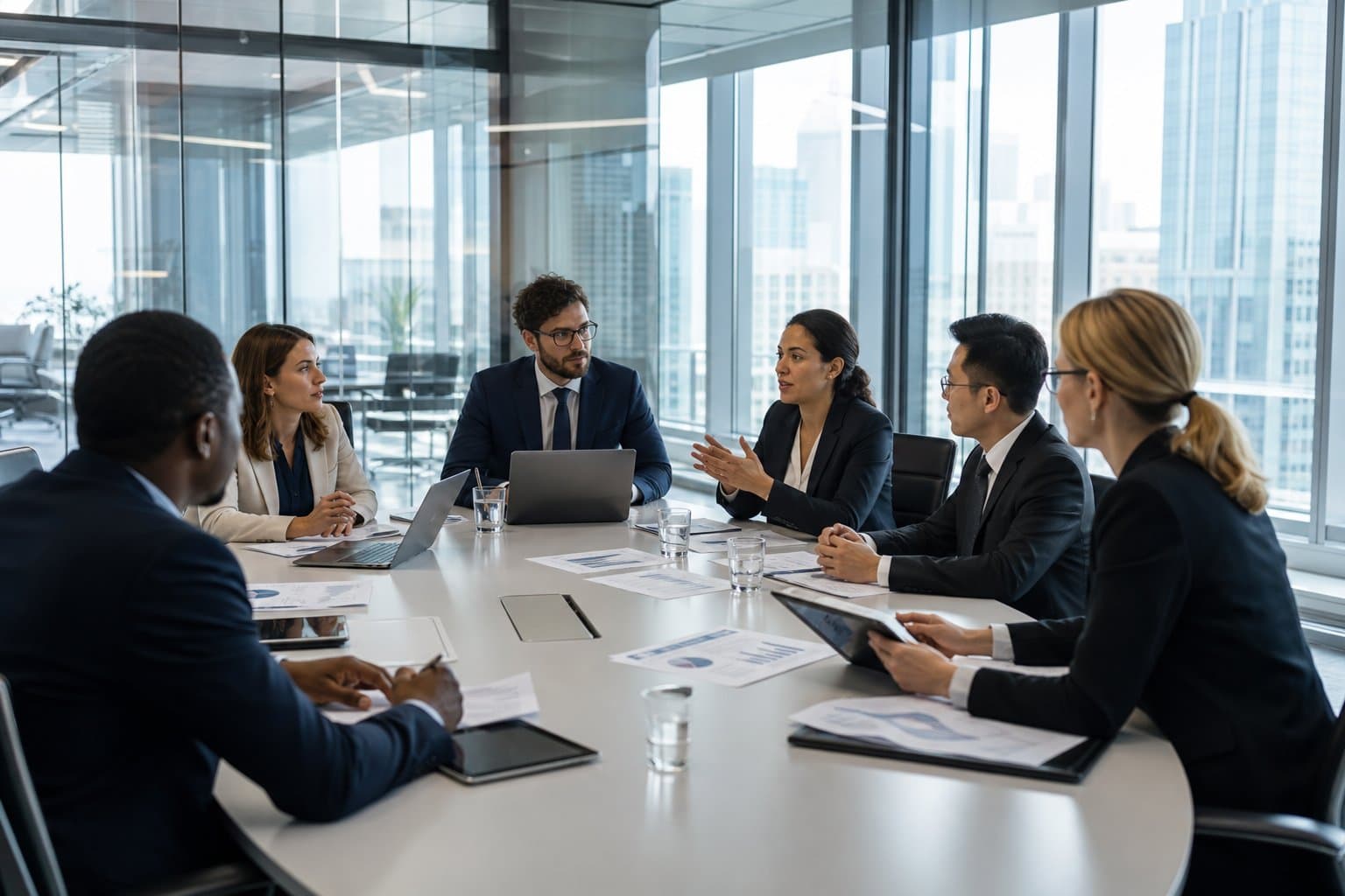Menschen in formeller Kleidung sitzen an einem Konferenztisch in einem modernen Büro mit großen Fenstern und Stadtblick.