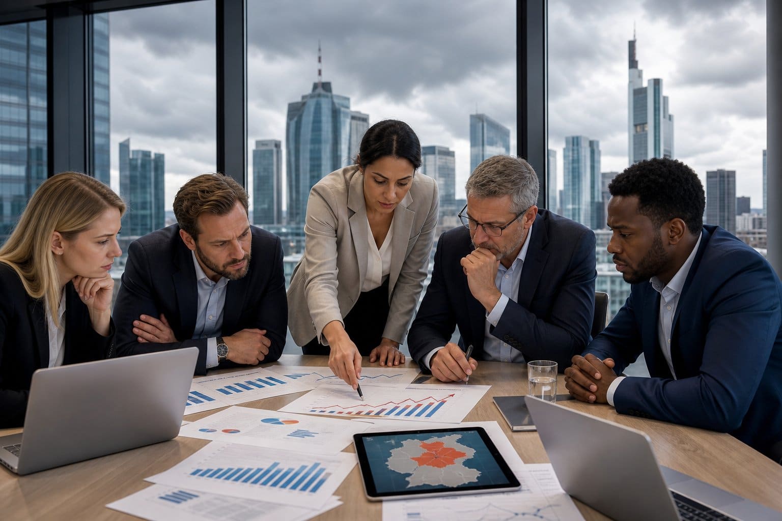 Insolvenzen Juni 2026: Warum Die Krise Schon Läuft 3 Geschäftsleute in einem Büro analysieren Finanzdaten und Karten, die steigende Insolvenzen in Deutschland zeigen.