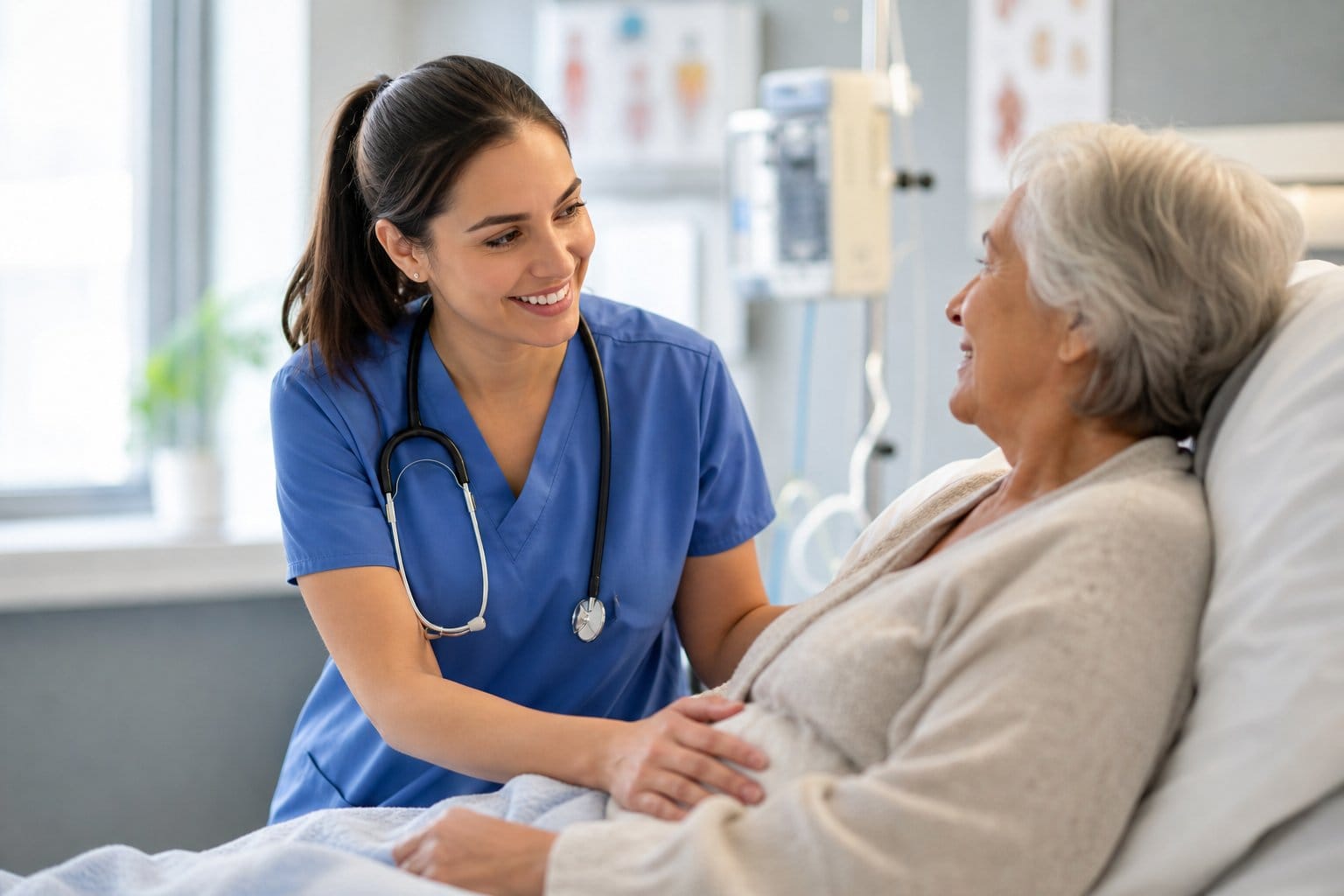 Mindestlohn Pflege 2026: Reicht Der Anstieg Gegen Den Personalmangel? 2 Eine Pflegekraft in moderner Umgebung betreut freundlich einen älteren Patienten.