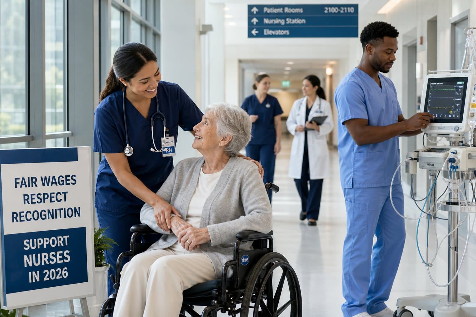 Mindestlohn Pflege 2026: Reicht Der Anstieg Gegen Den Personalmangel? 3 Mehrere Pflegekräfte betreuen fürsorglich einen älteren Patienten in einem hellen Krankenhausflur.