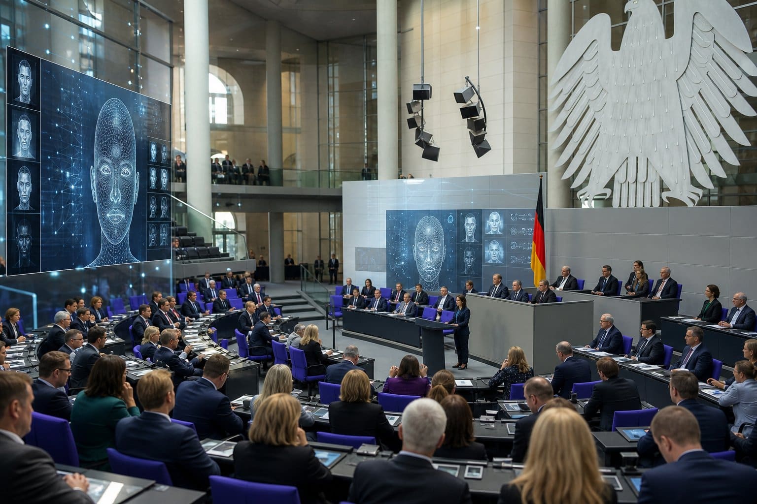 Politiker und Beamte im Bundestag bei einer Sitzung über Echtzeit-Gesichtserkennung und Überwachung.