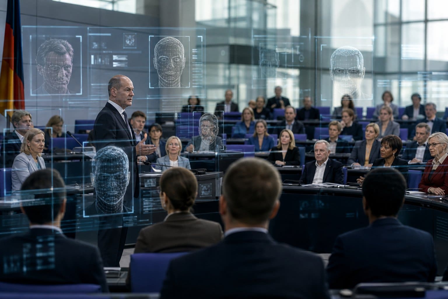 Politiker im Bundestag diskutieren über Überwachungstechnologie mit digitalen Gesichtserkennungsanzeigen im Vordergrund.