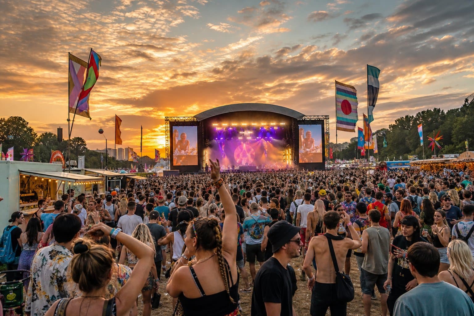 Eine große Menschenmenge bei einem Open-Air-Musikfestival, die bei Sonnenuntergang die Live-Musik genießt.