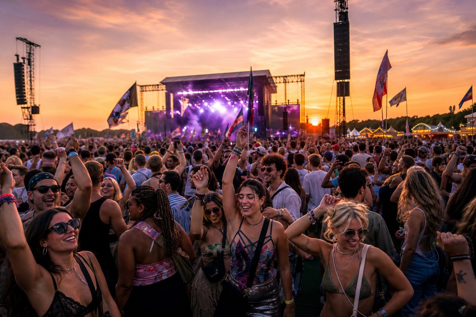 Eine große Menschenmenge feiert bei einem Open-Air-Konzert während des Sonnenuntergangs auf dem Lollapalooza Festival in Berlin.