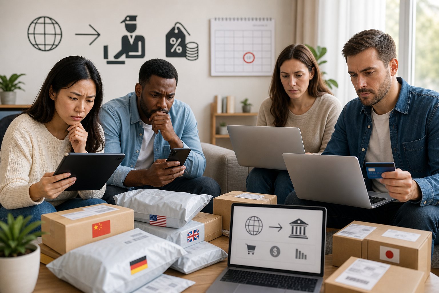 150-Euro-Zollfreigrenze Fällt Juli 2026: Folgen Beim Einkauf 3 Menschen in einem Wohnzimmer, die online einkaufen und Pakete mit internationalen Versandhinweisen auf einem Tisch liegen haben.